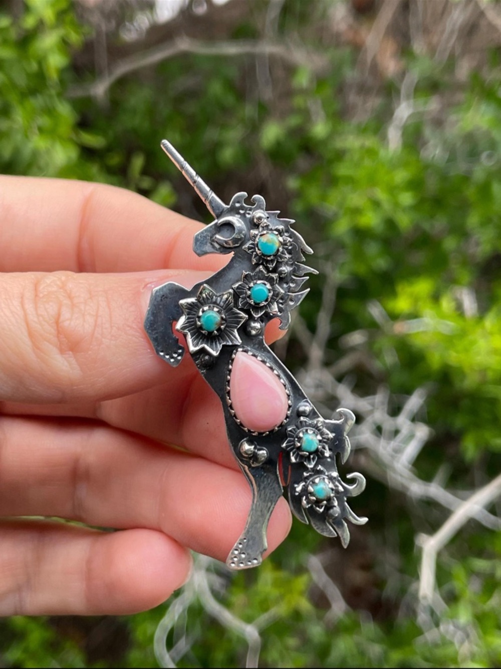Sterling Silver Pink Conch and Turquoise Unicorn Pendant 🦄